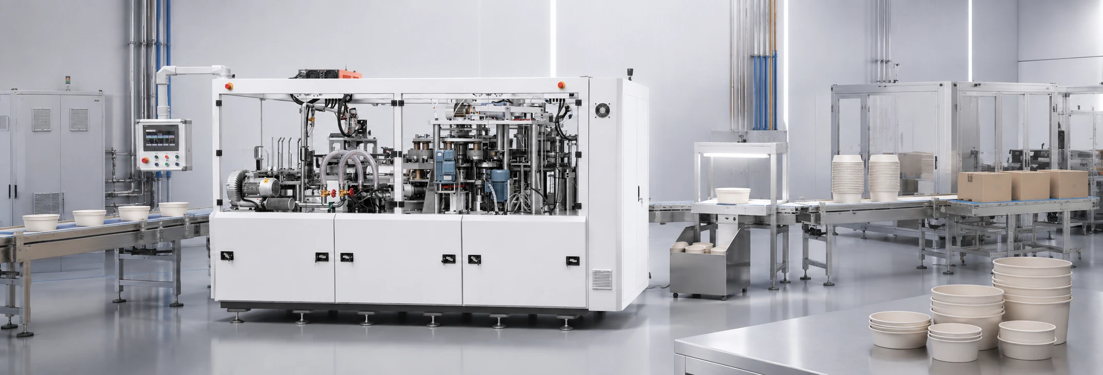 Paper bowl forming line with inspection, conveying and collection equipment