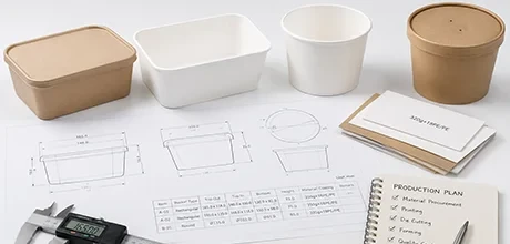 Paper bucket samples, dimensioned drawings, material data and production plan