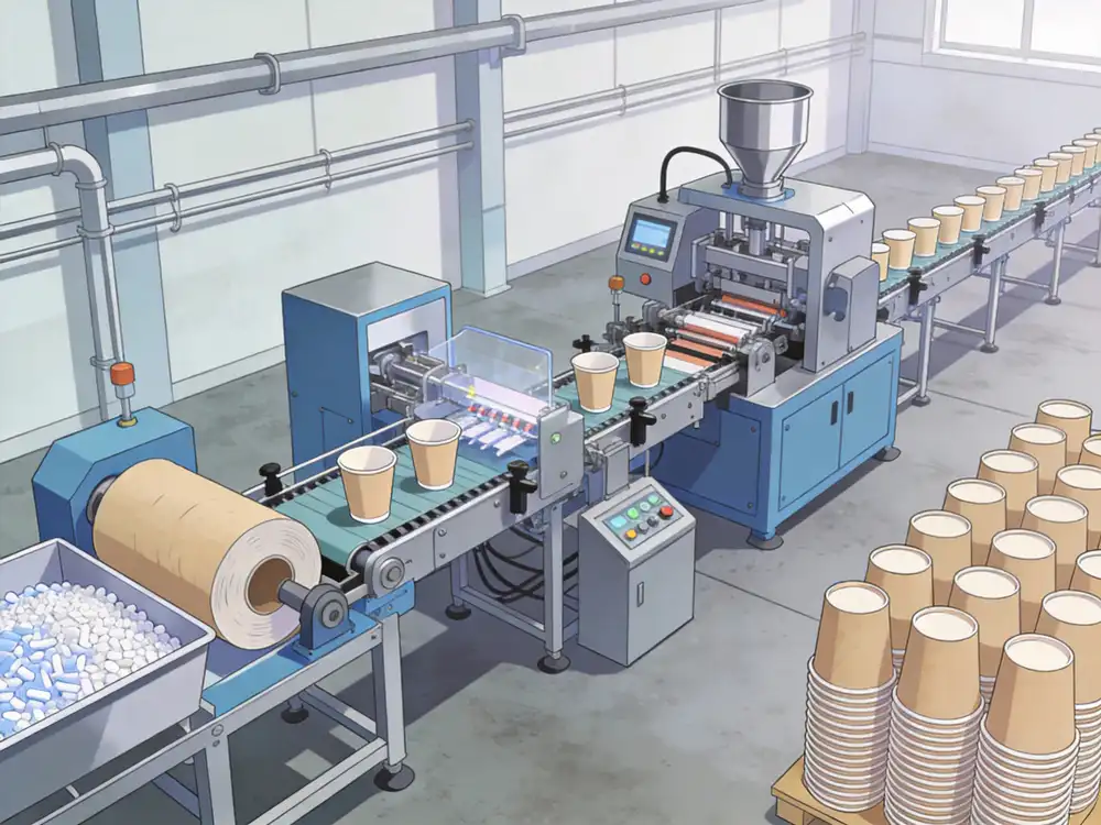 Automated paper tea cup manufacturing line in modern factory showing raw material conversion to finished cups
