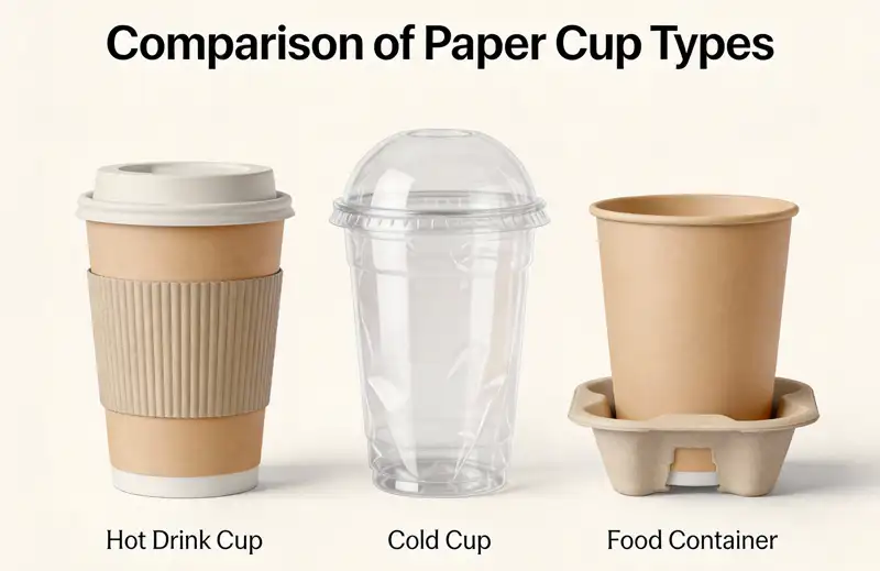 Comparison display of paper cup types including hot beverage containers, cold drink cups, and food containers