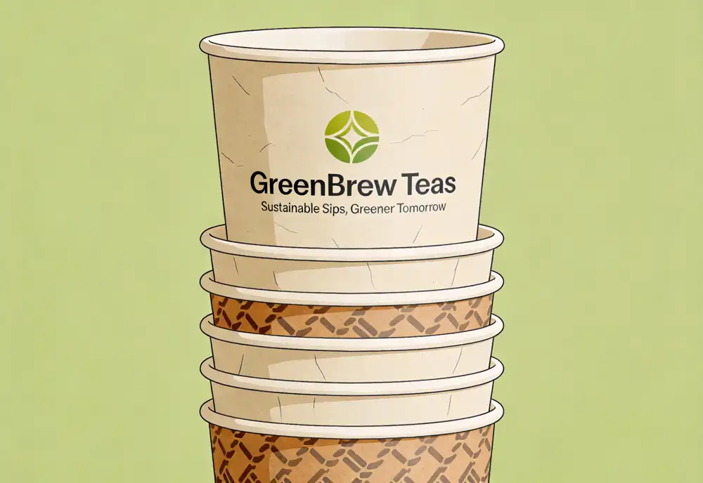 Stacked paper tea cups with custom branding in sustainable packaging