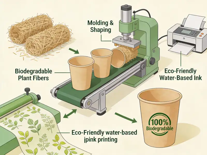 Eco-friendly paper cup production using biodegradable materials with sustainability certification labels visible