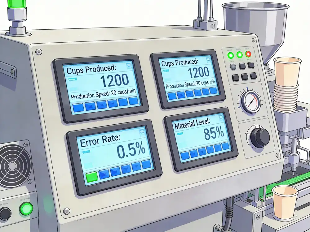 Digital control panel showing production metrics on automated paper cup manufacturing equipment
