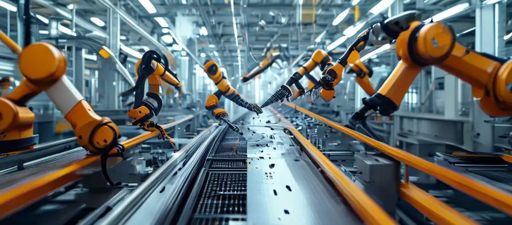 High-speed automated paper cup manufacturing line with robotic arms handling finished products in industrial setting