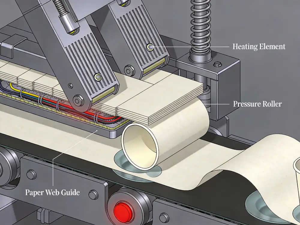 Close-up of precision paper cup forming mechanism with thermal sealing elements