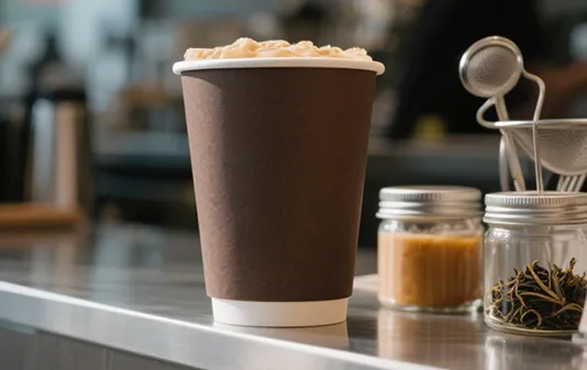 bubble tea shop owner testing a large paper cup with domed lid