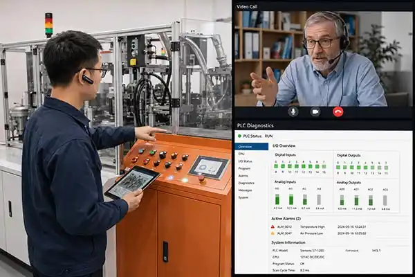 Technician video-calling a remote expert while pointing at a cup machine control panel – split screen showing PLC diagnostics