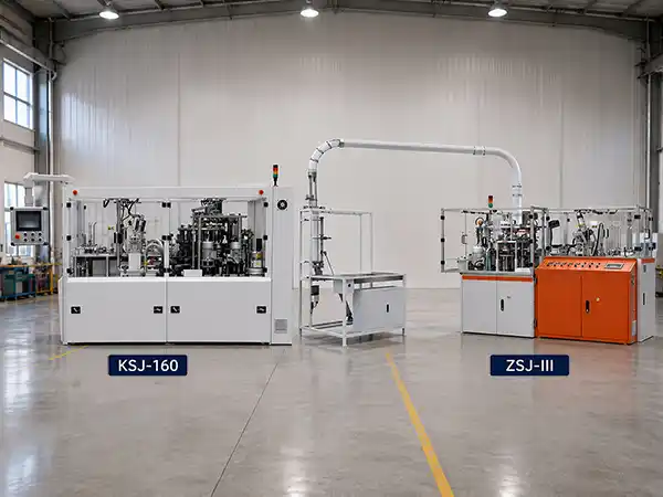 Side-by-side comparison of KSJ-160 and ZSJ-III paper cup forming machines on a factory floor