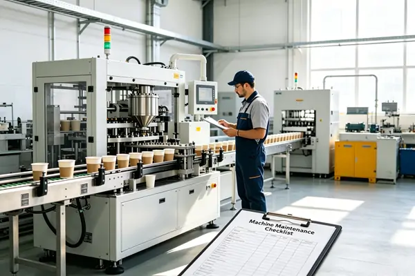 Factory technician inspects automated paper cup forming machine, reviews daily weekly monthly routine maintenance checklist on production floor