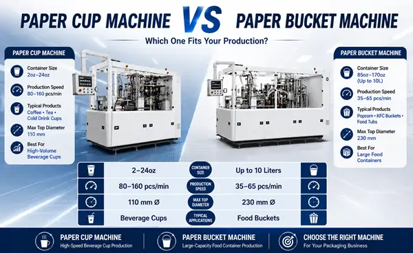 Comparison chart of paper cup machine and paper bucket machine including output speed, container capacity, mold design, and typical applications