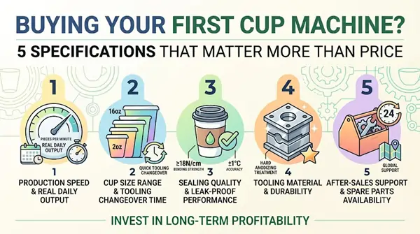 Comparison checklist of essential technical features for a paper cup forming machine, emphasizing long-term profitability over cheap purchase price.