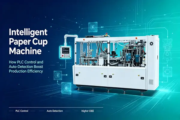 Full exterior shot of PLC intelligent paper cup machine with independent touch screen operation panel, transparent protective cover revealing internal servo forming, sealing and automatic detection mechanisms for high-efficiency paper cup manufacturing