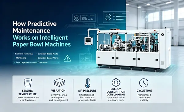 Intelligent paper bowl forming machine showing key predictive maintenance monitoring parameters: sealing temperature, vibration, air pressure, energy consumption and cycle time