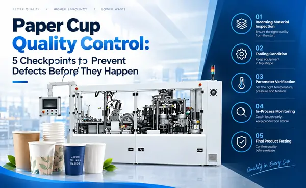 Paper cup production machine for material, tooling, parameter, process, and final quality inspection