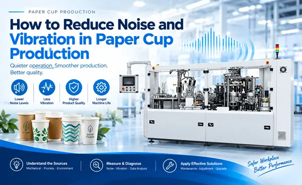 Infographic of a paper cup machine showing common noise and vibration sources in production, including mechanical, process, and environmental factors.